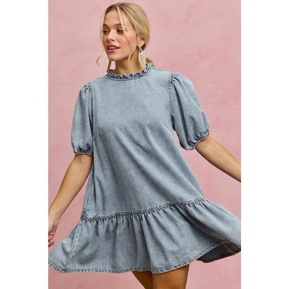 SO ME Denim Short Sleeves Mini Tiered Dress - Picture 10 of 15